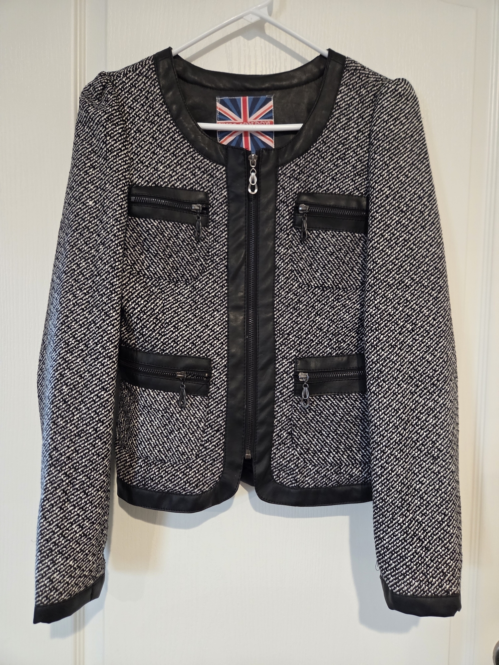 Miss London Black & White Tweed Zip-Front Jacket